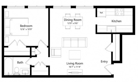 Floor plan for 1 bed, 1 bath, 639 sqft